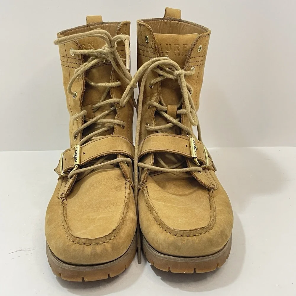 Polo Ralph Lauren Ranger Boots Size 8.5B Tan Leather Lace Up Buckle Combat Style